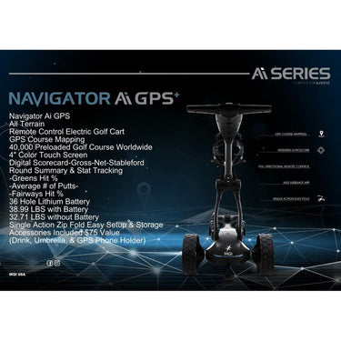 MGI Navigator Ai GPS+ Electric Golf Cart - 36 Hole Lithium Battery - Remote Control - Accessories Included (Drink, Umbrella, & GPS Phone Holder), Black-Golf Tech