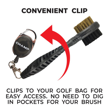 Champ Proactive Sports Dual-Bristle Club Brush with Retractable Cord, Black-Golf Tech