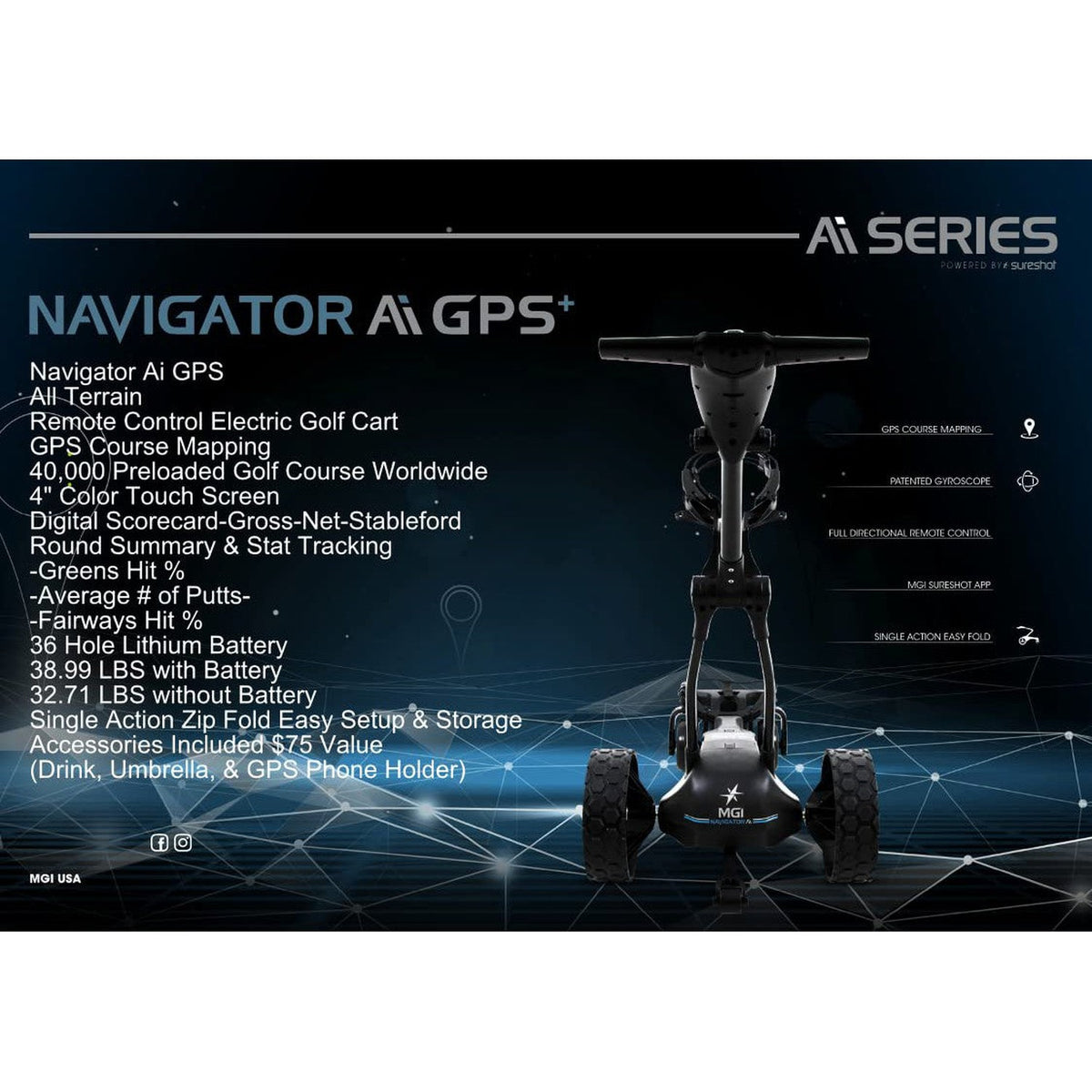 MGI Navigator Ai GPS+ Electric Golf Cart - 36 Hole Lithium Battery - R ...