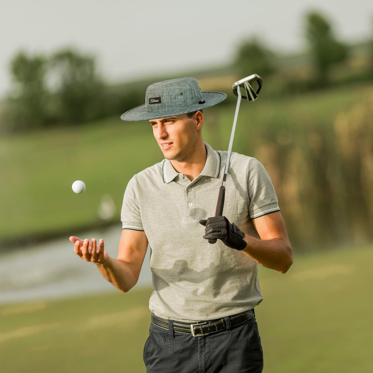 Titleist Special Edition 1 Size Fits All Classic Ultra Lightweight Polyester Charleston Aussie Golf Bucket Hat Cap, Heathered Storm/White-Golf Tech