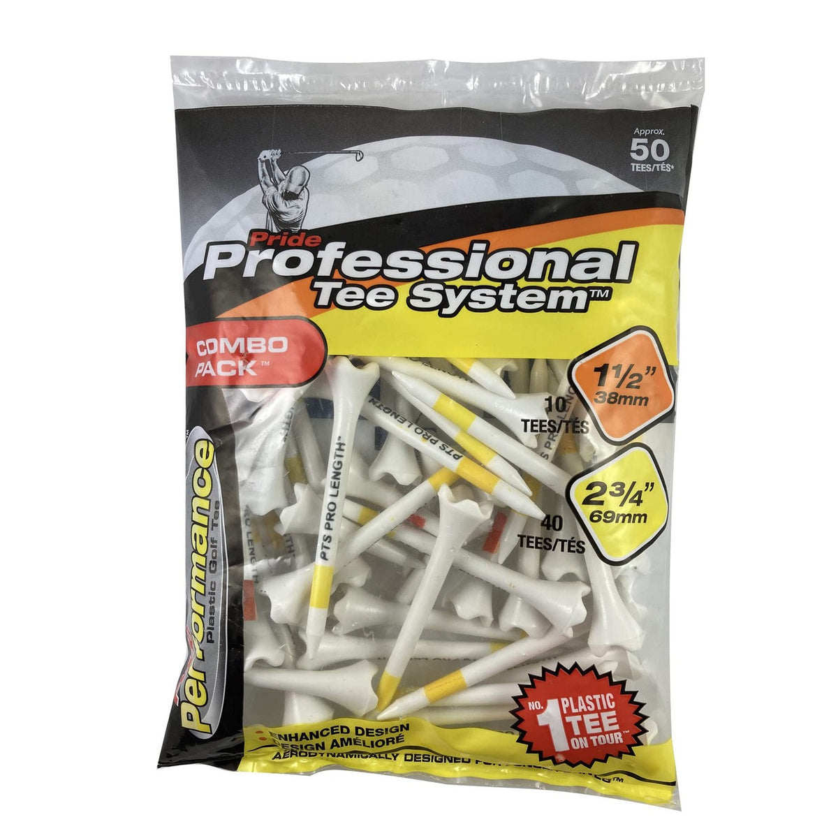 Pride Professional Tee System Plastic Golf Tees (Pack of 50), 40 Count 2-3/4-Inch + 10 Count 1-1/2-Inch,White-Golf Tech