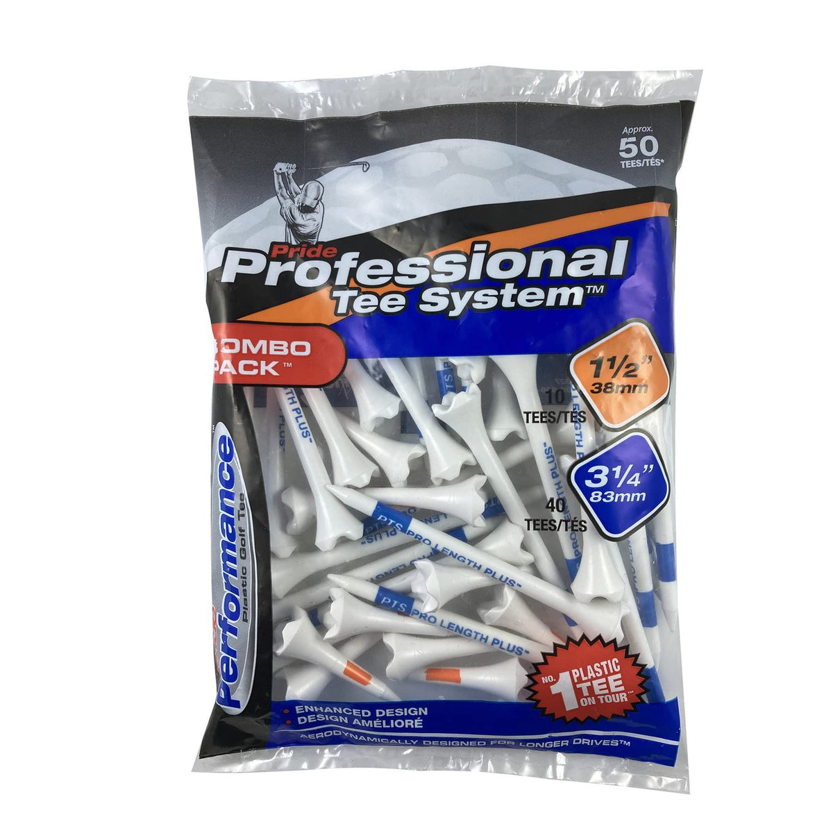 Pride Professional Tee System Plastic Golf Tees (Pack of 50), 40 Count 3-1/4-Inch + 10 Count 1-1/2-Inch,White-Golf Tech