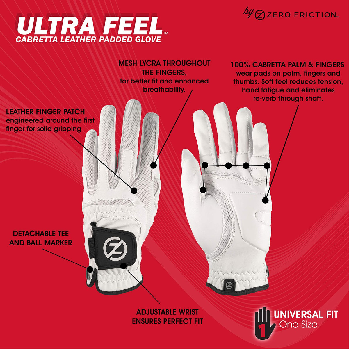 Zero Friction Ultra Feel Cabretta Golf Glove, Padded Fingers and Palms to Reduce Tension and Re-verb-Golf Tech