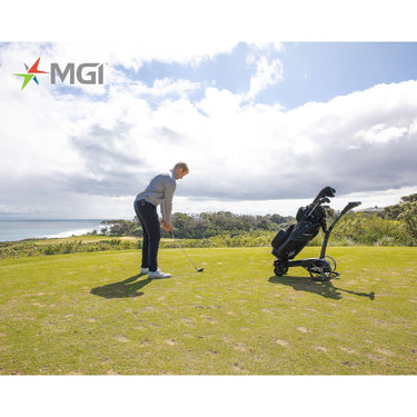 MGI Navigator Ai GPS+ Electric Golf Cart - 36 Hole Lithium Battery - Remote Control - Accessories Included (Drink, Umbrella, & GPS Phone Holder), Black-Golf Tech
