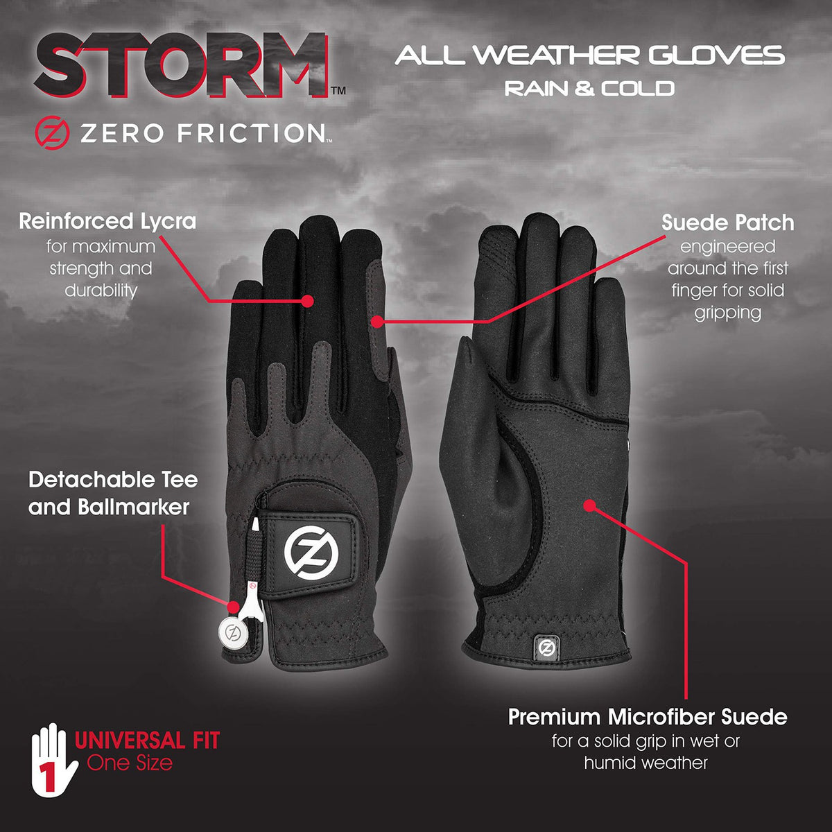 Zero Friction Women's Storm All Weather Golf Gloves, One Size, Black, Pair-Golf Tech