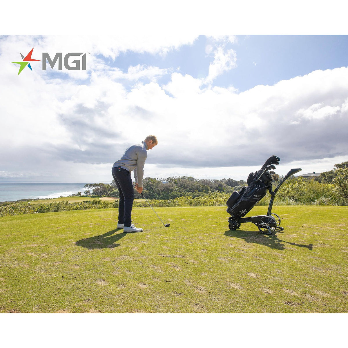 MGI Navigator Ai GPS+ Electric Golf Cart - 36 Hole Lithium Battery - Remote Control - Accessories Included (Drink, Umbrella, & GPS Phone Holder), Black-Golf Tech